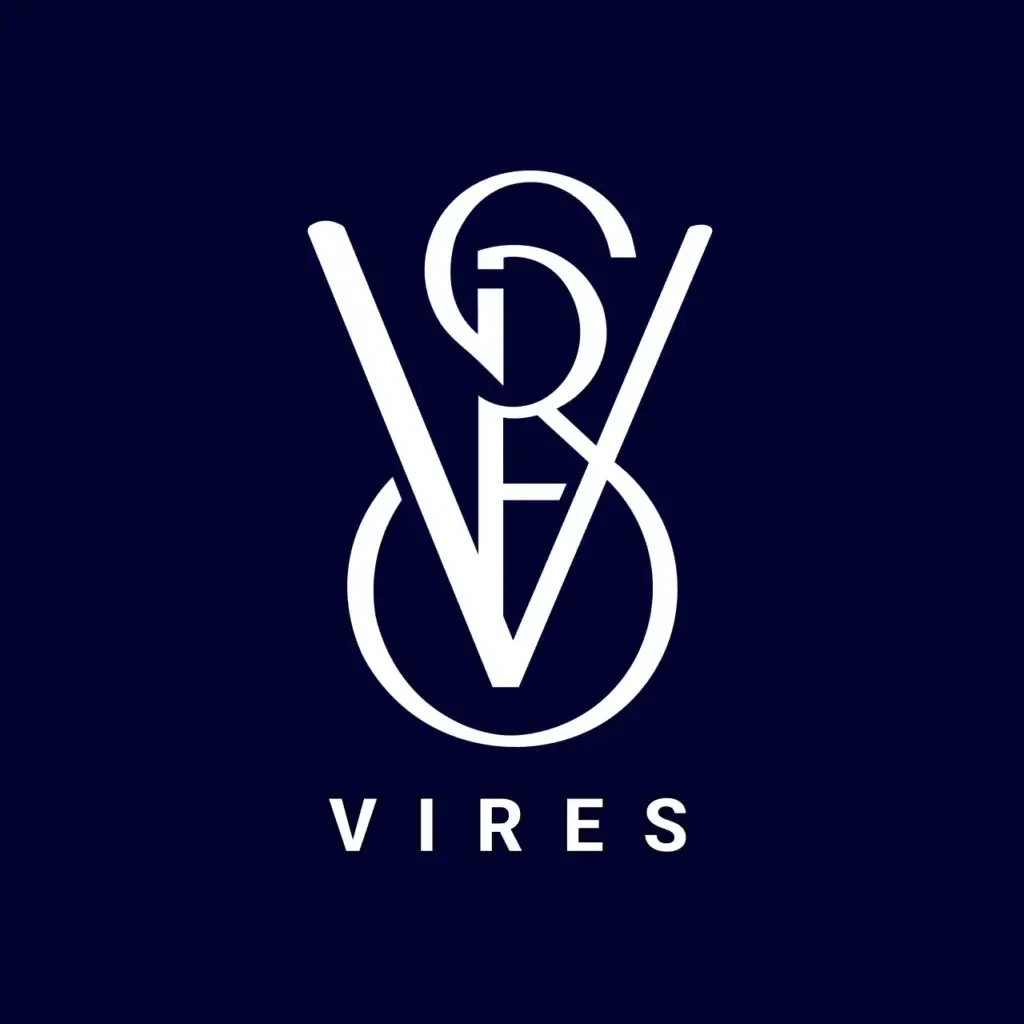 Die ineinander verschlungenen weißen Buchstaben V, S, G und O bilden ein komplexes Logo auf dunkelblauem Hintergrund, darunter steht elegant der Schriftzug VIRES GROUP.