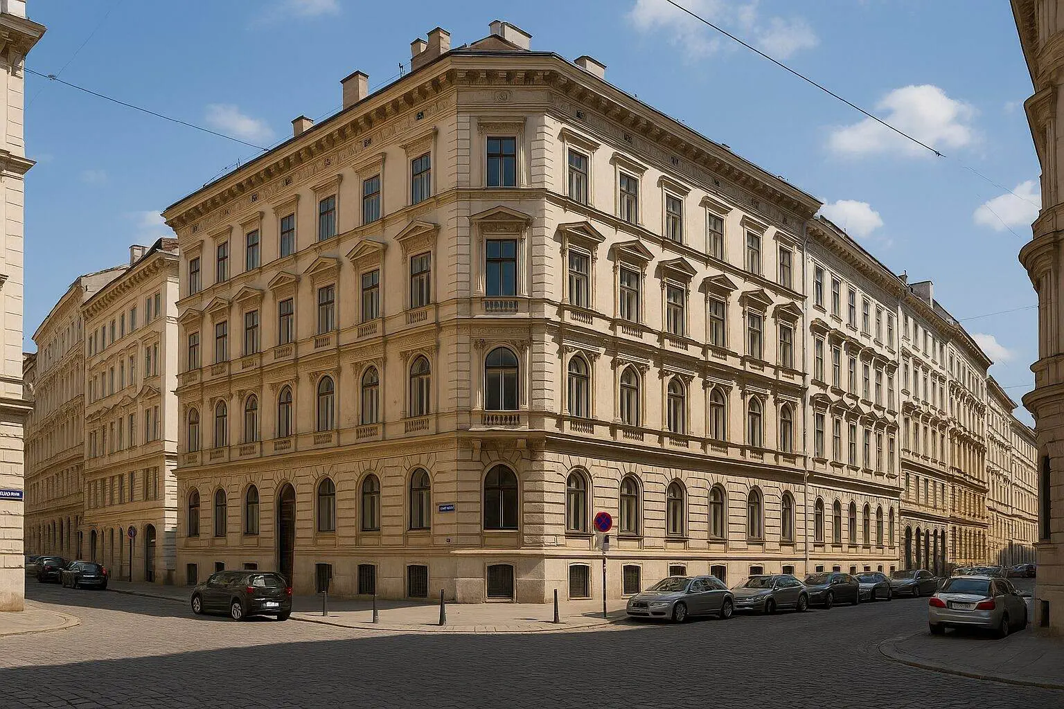 Ein historisches, reich verziertes Zinshaus mit hellen Steinmauern und großen Bogenfenstern steht an einer Straßenecke in Wien. Entlang der Kopfsteinpflasterstraße parken Autos, der Himmel ist klar, nur wenige Wolken ziehen durch.
